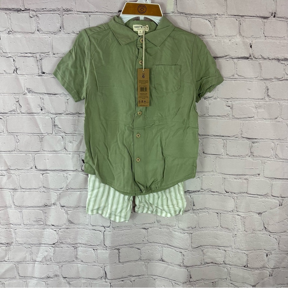 NWT rabbit + bear organic cotton linen blend short set boys sage green